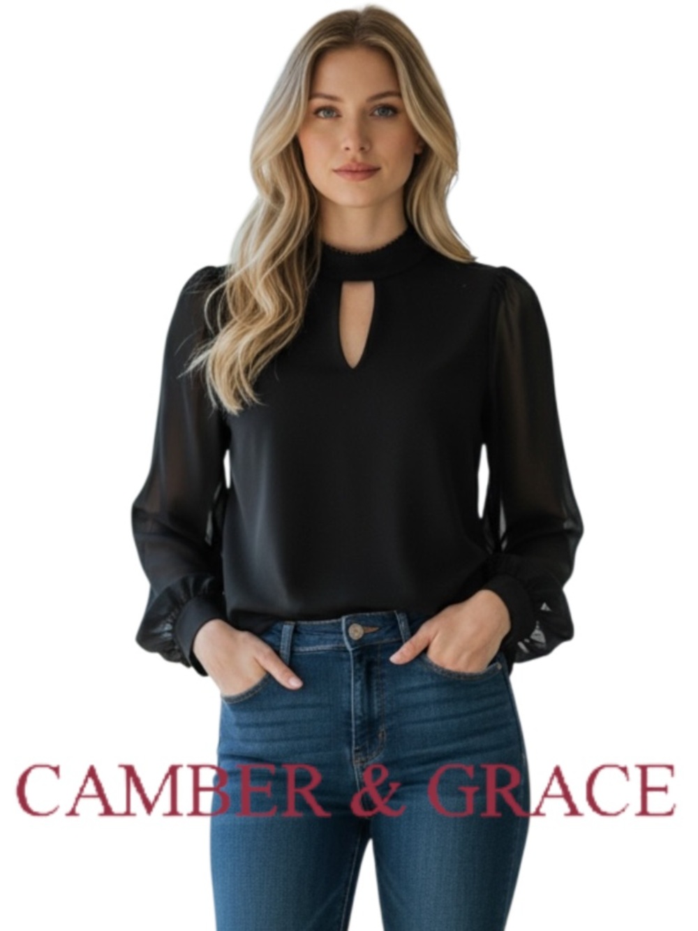 Camber and Grace V Cut Out Front and Back Neck with Puff Sheer Sleeve (L)